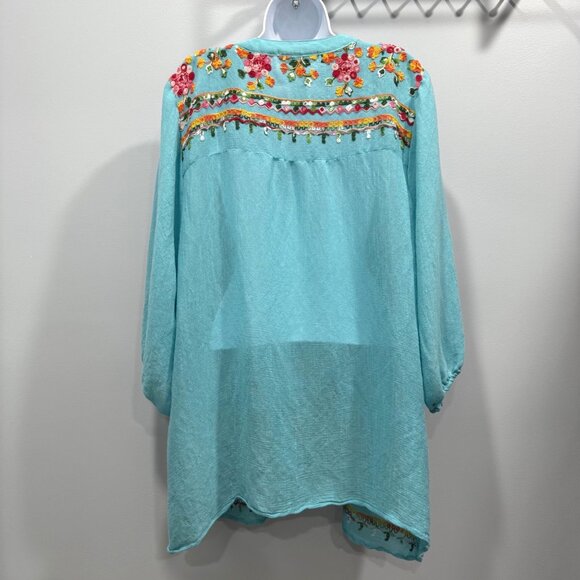 Fig & Flower Turquoise Floral Embroidered Peasant Tunic Top Boho Plus Size 2X - Picture 7 of 10